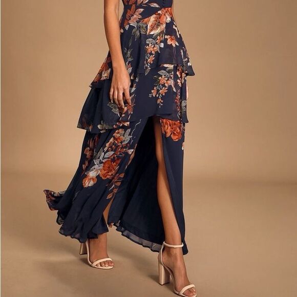 Lulus Midnight Mood Navy Blue Floral Print Tiered Maxi Dress Size Small NEW - Picture 6 of 13